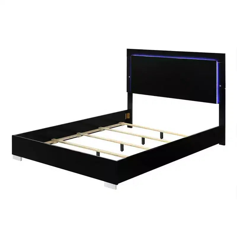 Queen Size Bed w LED Headboard, Piano Black Wood Frame