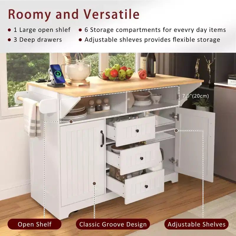 Large Kitchen Island with 2 Drop Leaf, Rolling Kitchen Cart on 5 Wheels Folding Storage Dining Table with Spice & Towel Rack, 3 Drawers