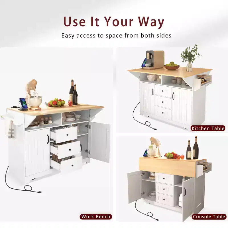 Large Kitchen Island with 2 Drop Leaf, Rolling Kitchen Cart on 5 Wheels Folding Storage Dining Table with Spice & Towel Rack, 3 Drawers