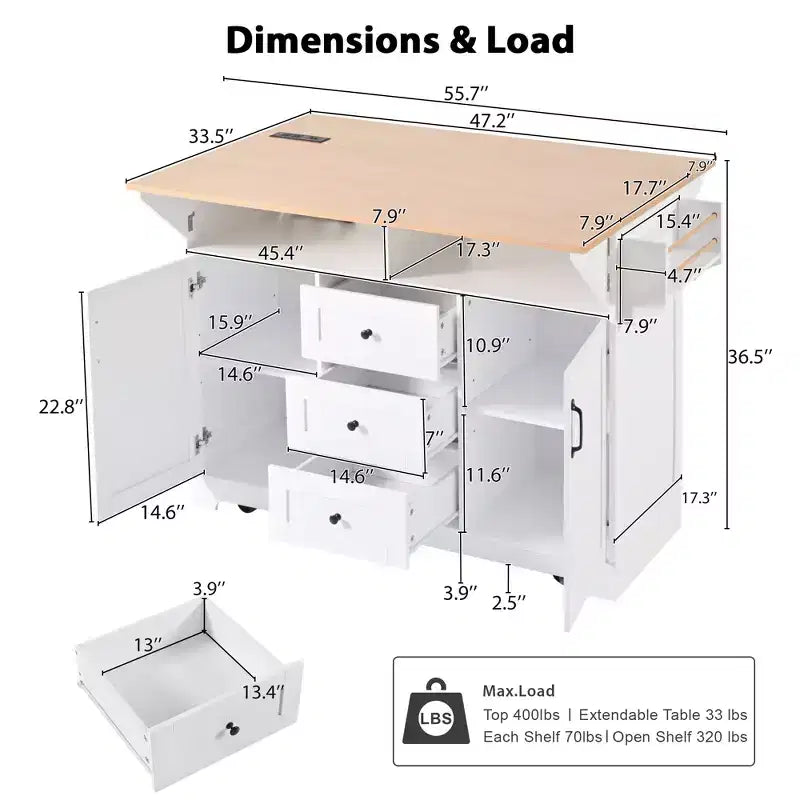 Large Kitchen Island with 2 Drop Leaf, Rolling Kitchen Cart on 5 Wheels Folding Storage Dining Table with Spice & Towel Rack, 3 Drawers