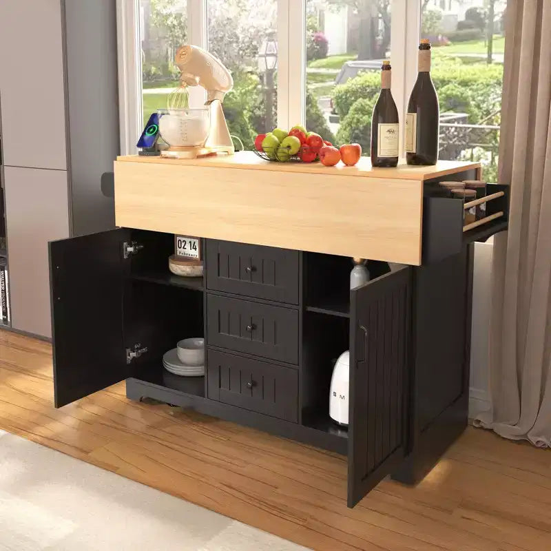 Large Kitchen Island with 2 Drop Leaf, Rolling Kitchen Cart on 5 Wheels Folding Storage Dining Table with Spice & Towel Rack, 3 Drawers