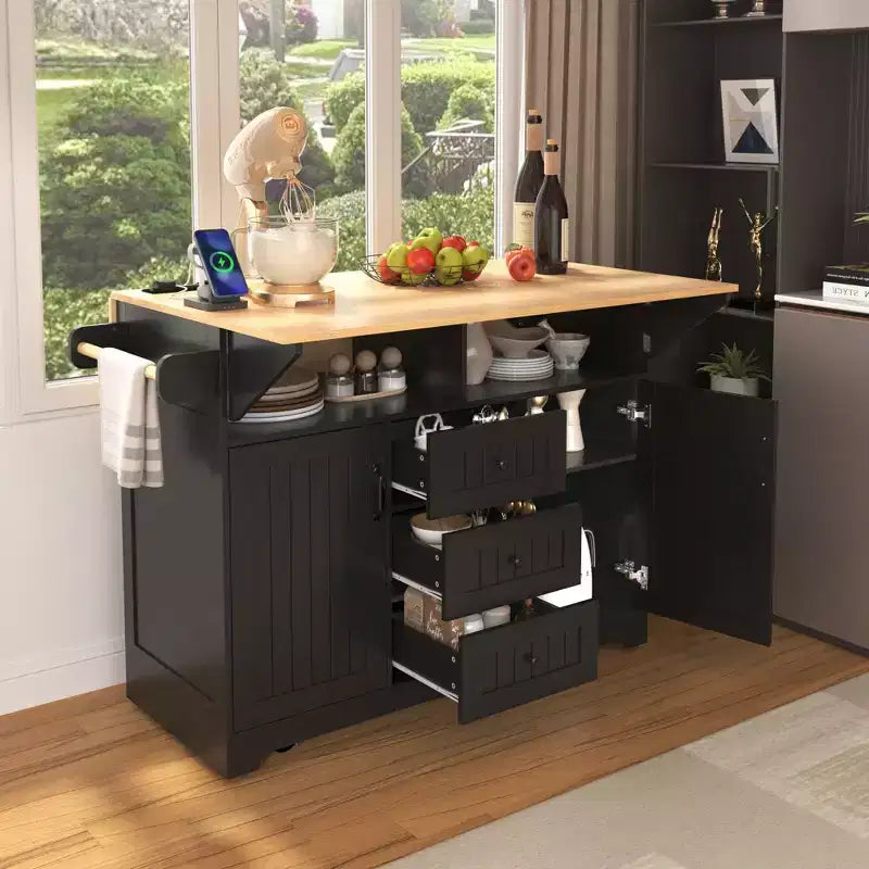 Large Kitchen Island with 2 Drop Leaf, Rolling Kitchen Cart on 5 Wheels Folding Storage Dining Table with Spice & Towel Rack, 3 Drawers