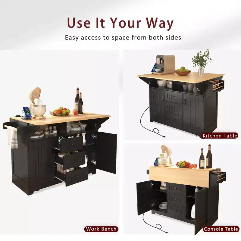 Large Kitchen Island with 2 Drop Leaf, Rolling Kitchen Cart on 5 Wheels Folding Storage Dining Table with Spice & Towel Rack, 3 Drawers