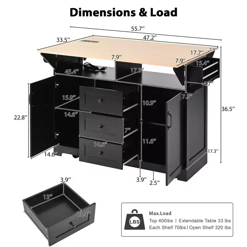 Large Kitchen Island with 2 Drop Leaf, Rolling Kitchen Cart on 5 Wheels Folding Storage Dining Table with Spice & Towel Rack, 3 Drawers