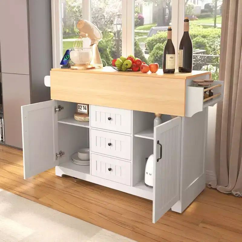 Large Kitchen Island with 2 Drop Leaf, Rolling Kitchen Cart on 5 Wheels Folding Storage Dining Table with Spice & Towel Rack, 3 Drawers
