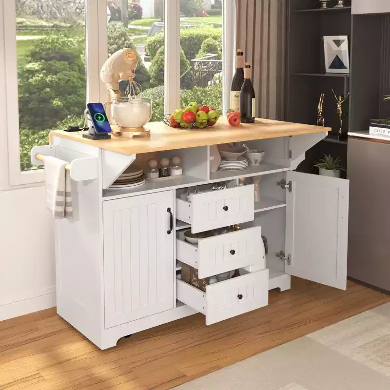 Large Kitchen Island with 2 Drop Leaf, Rolling Kitchen Cart on 5 Wheels Folding Storage Dining Table with Spice & Towel Rack, 3 Drawers
