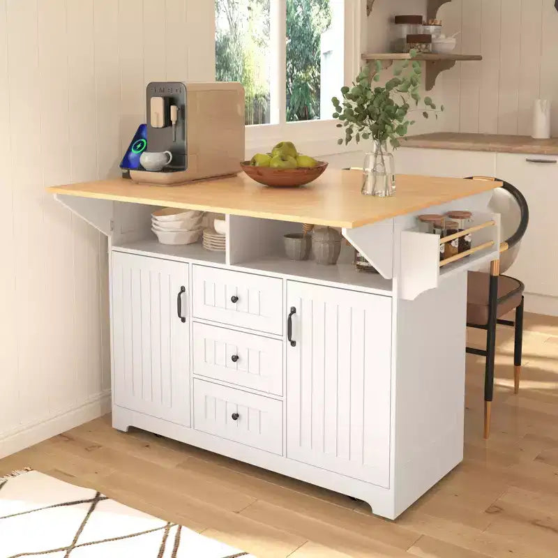 Large Kitchen Island with 2 Drop Leaf, Rolling Kitchen Cart on 5 Wheels Folding Storage Dining Table with Spice & Towel Rack, 3 Drawers