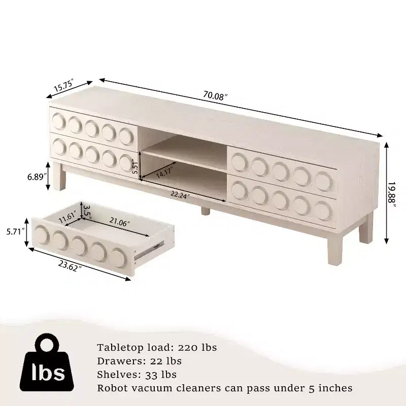 70.08inModern Mid-Century Media Console with 4 Drawers and Cable Management, TV Console Table for TVs up to 75,for Living Room,Office(White)