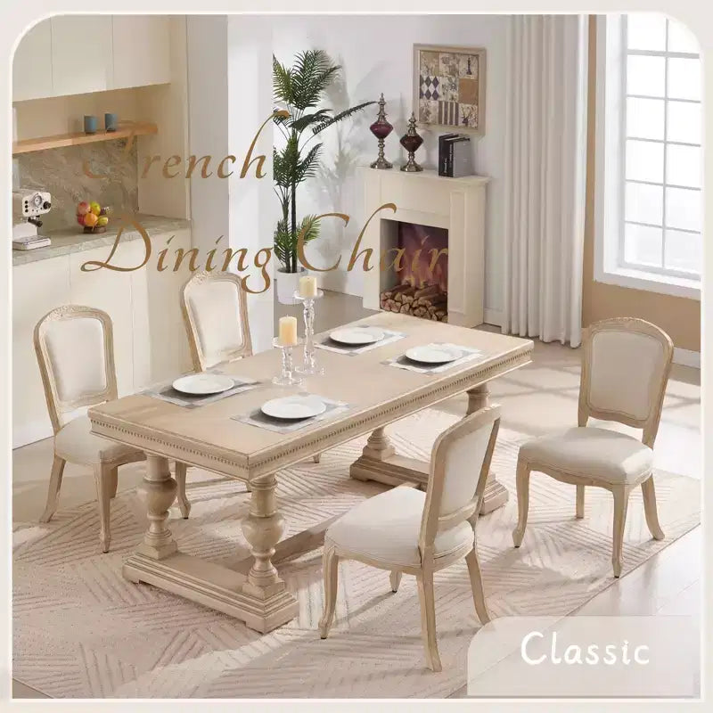 French Country Dining Chairs Set of 2, Upholstered Fan Back, Wire Drawing Carving, Disassemblable, Beige