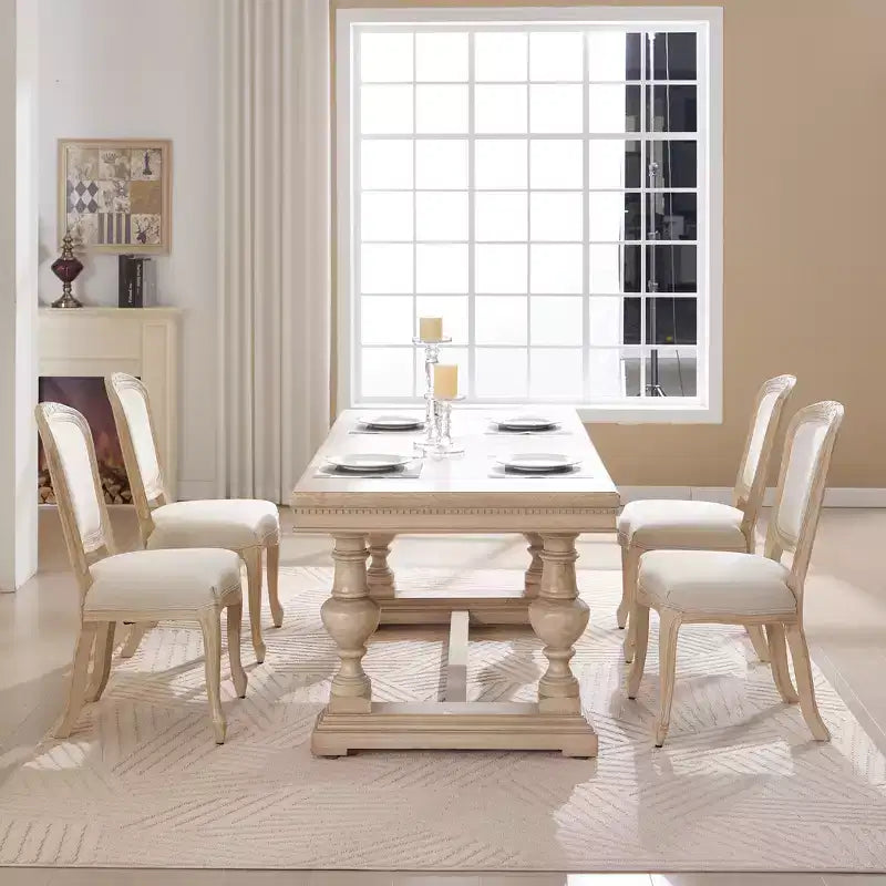 French Country Dining Chairs Set of 2, Upholstered Fan Back, Wire Drawing Carving, Disassemblable, Beige
