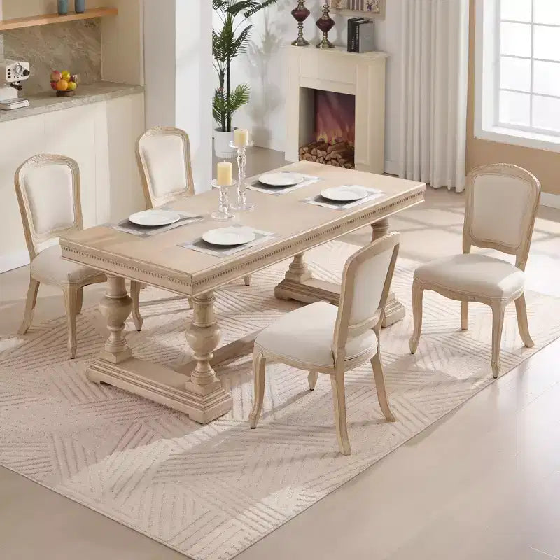 French Country Dining Chairs Set of 2, Upholstered Fan Back, Wire Drawing Carving, Disassemblable, Beige