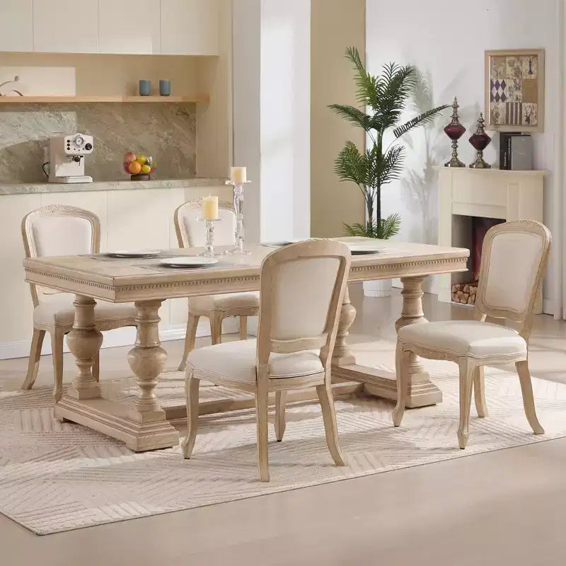 French Country Dining Chairs Set of 2, Upholstered Fan Back, Wire Drawing Carving, Disassemblable, Beige