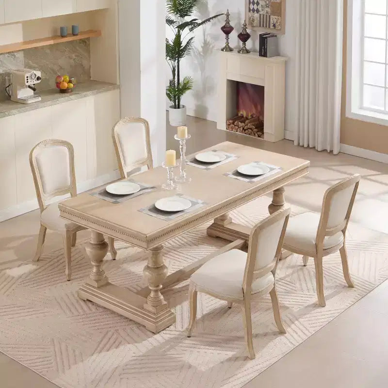 French Country Dining Chairs Set of 2, Upholstered Fan Back, Wire Drawing Carving, Disassemblable, Beige