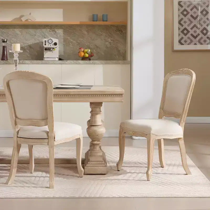 French Country Dining Chairs Set of 2, Upholstered Fan Back, Wire Drawing Carving, Disassemblable, Beige