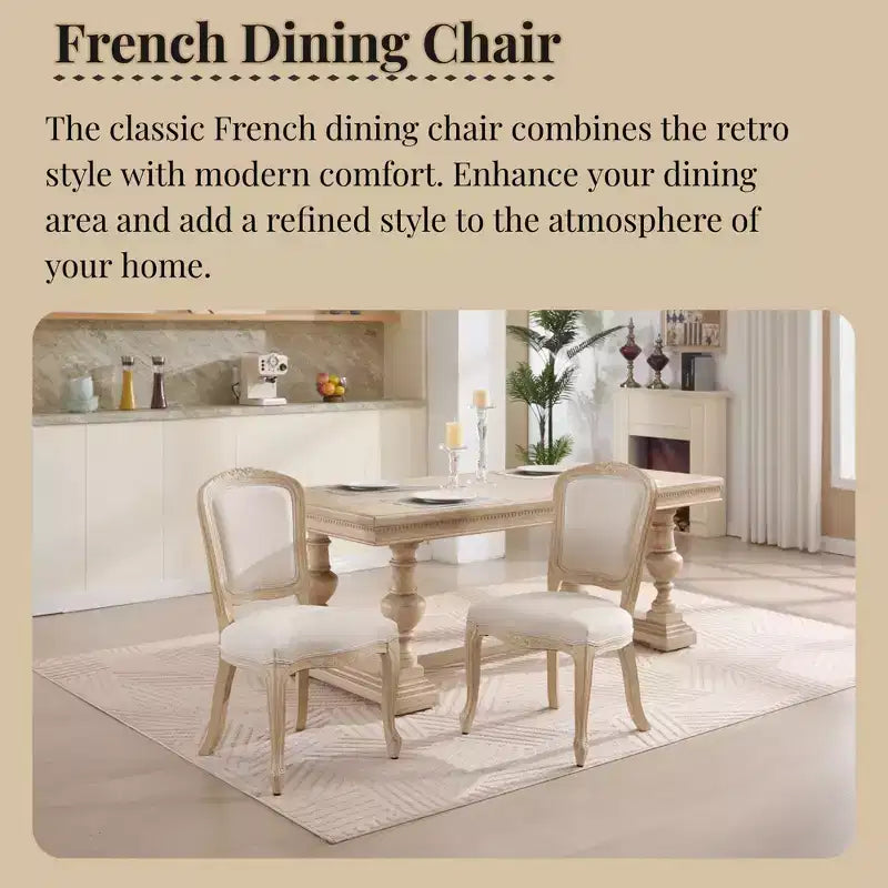 French Country Dining Chairs Set of 2, Upholstered Fan Back, Wire Drawing Carving, Disassemblable, Beige