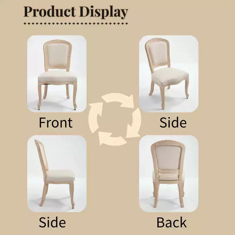 French Country Dining Chairs Set of 2, Upholstered Fan Back, Wire Drawing Carving, Disassemblable, Beige