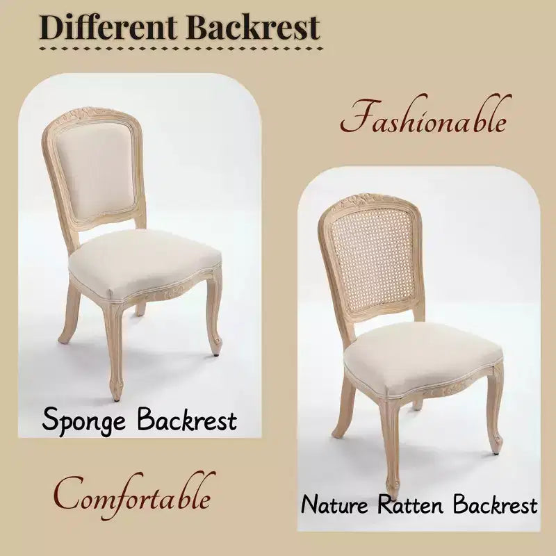 French Country Dining Chairs Set of 2, Upholstered Fan Back, Wire Drawing Carving, Disassemblable, Beige