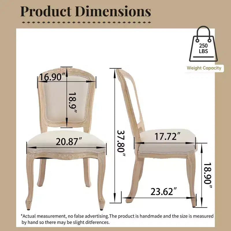 French Country Dining Chairs Set of 2, Upholstered Fan Back, Wire Drawing Carving, Disassemblable, Beige