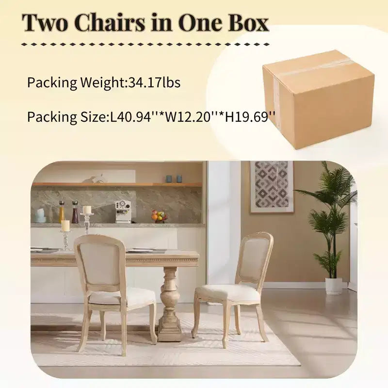 French Country Dining Chairs Set of 2, Upholstered Fan Back, Wire Drawing Carving, Disassemblable, Beige
